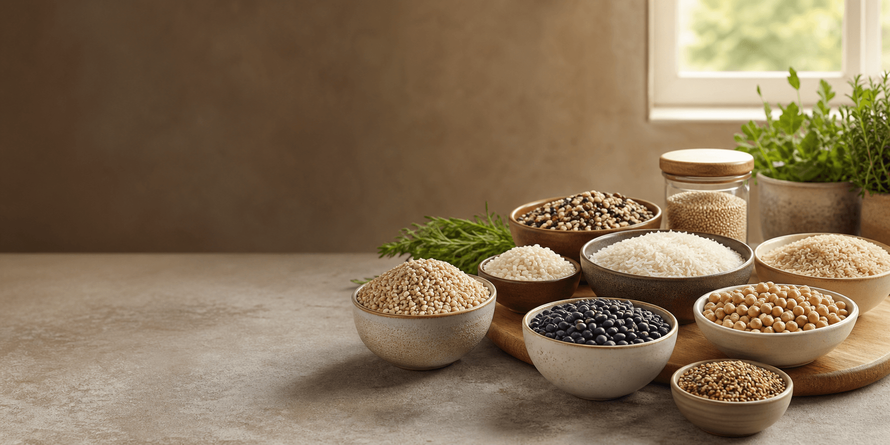 Beans, grains, rice, and quinoa pantry ingredients for the Beleaves dry goods hero
