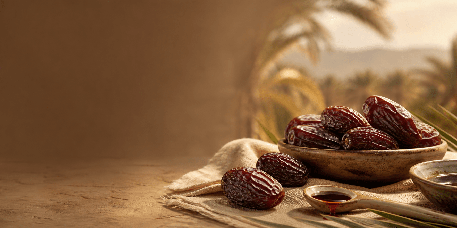 Medjool dates and date syrup with warm natural light for the Beleaves Date Products hero
