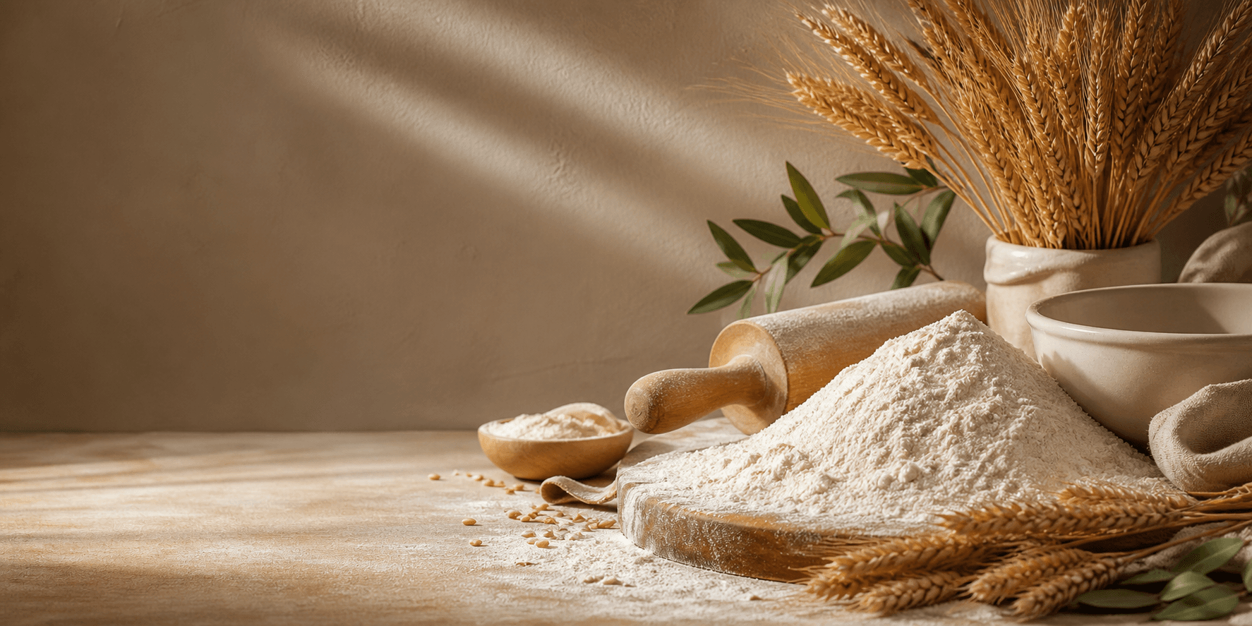 Flour and baking ingredients in warm kitchen light for the Beleaves Flour hero
