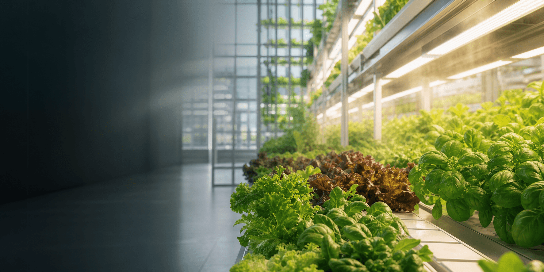 Vertical farm greenhouse with fresh greens for the Beleaves Gardens hero