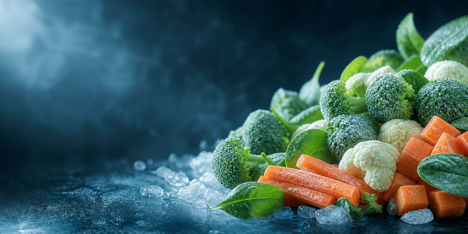 Frozen vegetables with frost and fresh produce for the Beleaves Frozen Vegetables hero