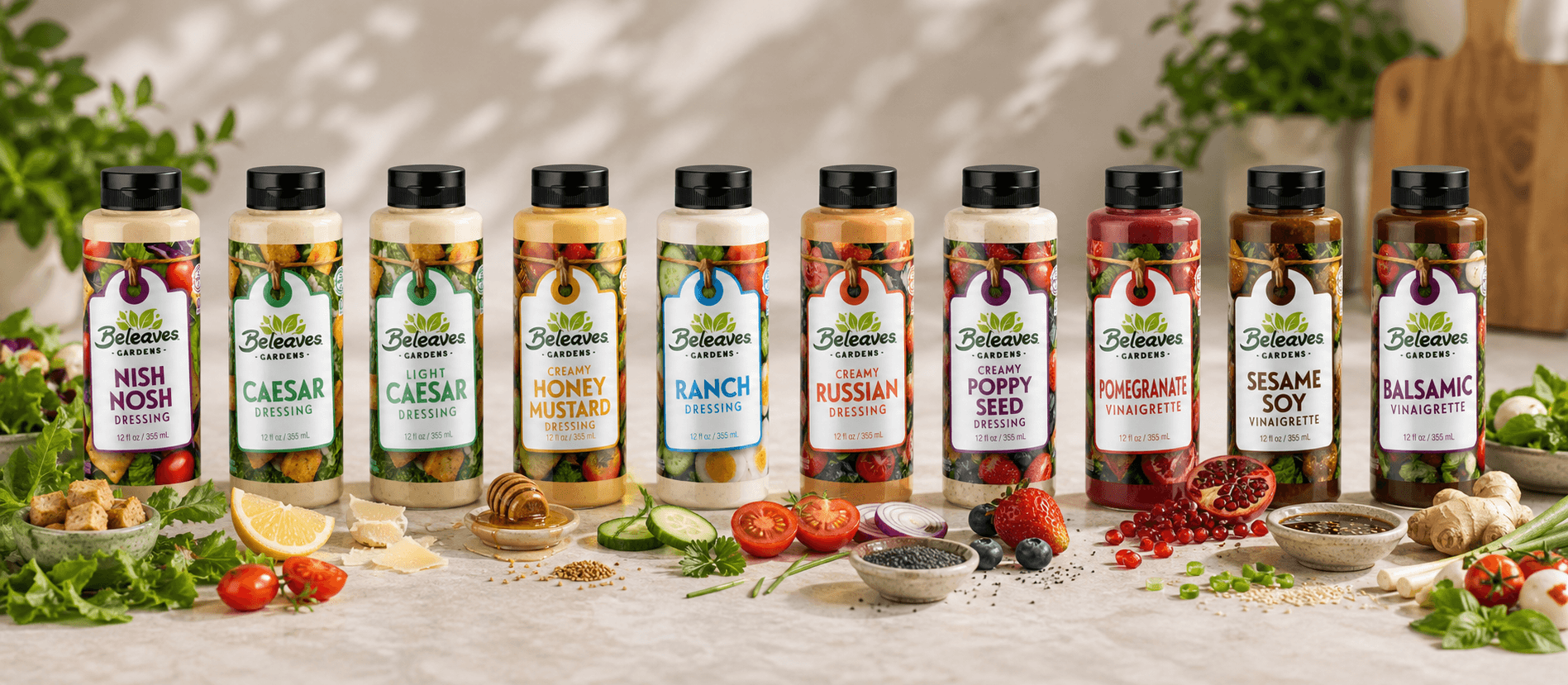 Full Beleaves Gardens dressing lineup with fresh ingredients