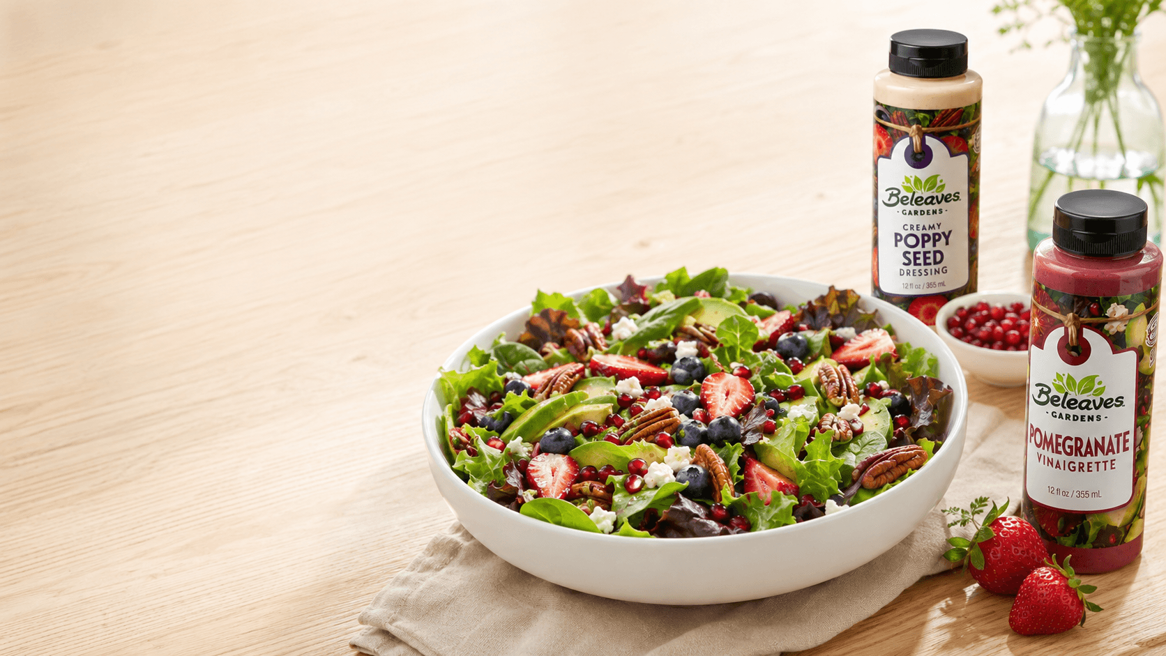 Beleaves dressing bottle with a fresh garden salad