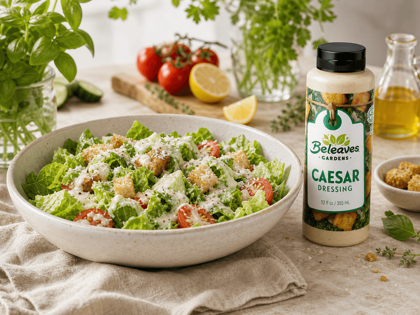 Fresh salad with creamy dressing being poured