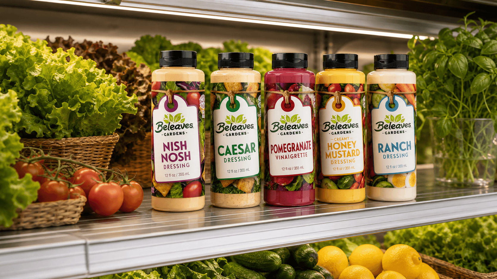 Salad dressing bottles on a fresh grocery shelf