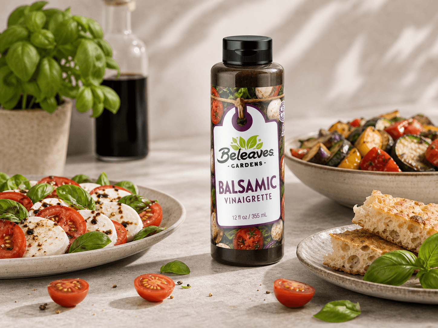 Balsamic Vinaigrette with serving ideas and fresh ingredients