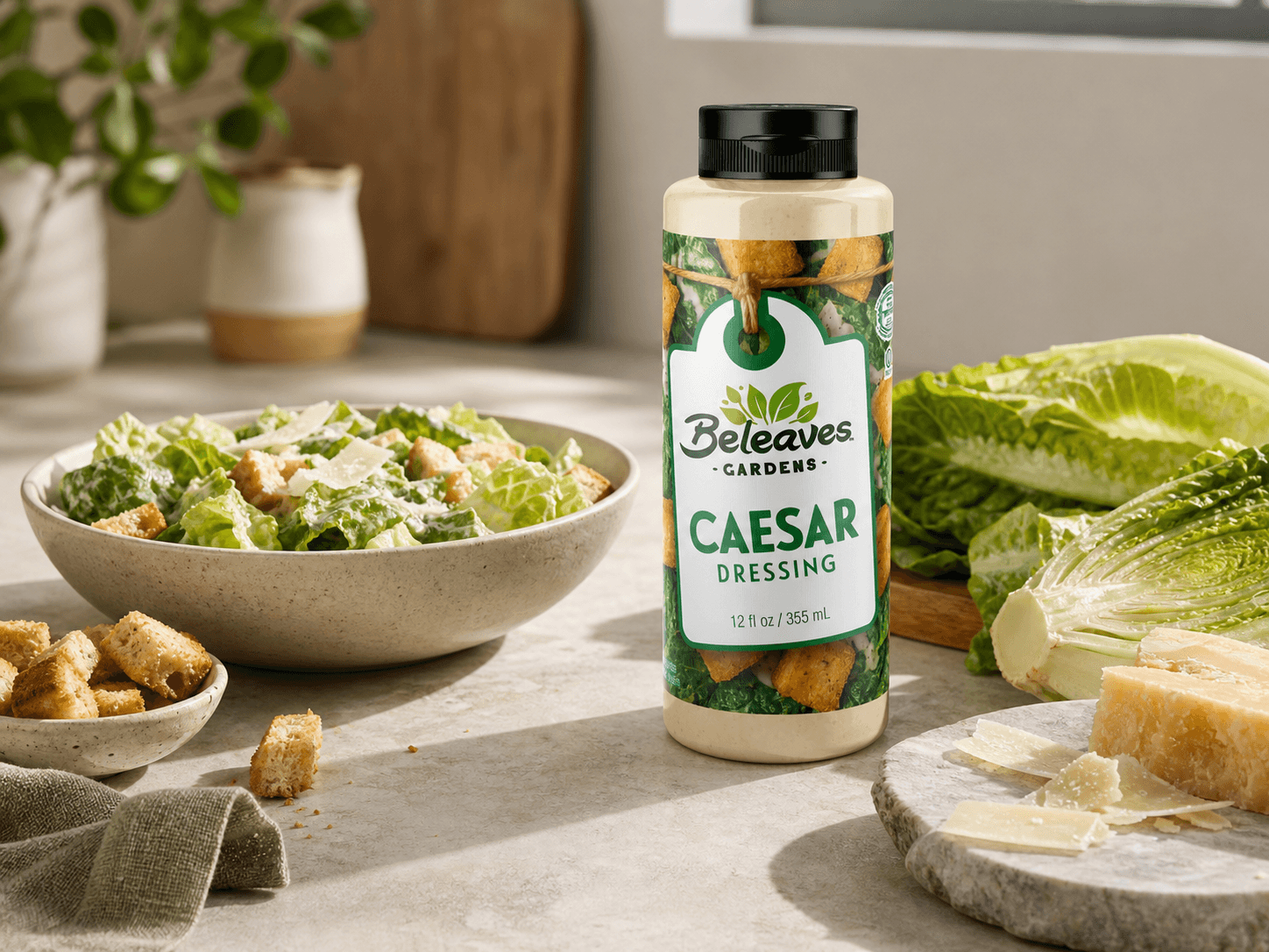 Caesar Dressing with serving ideas and fresh ingredients