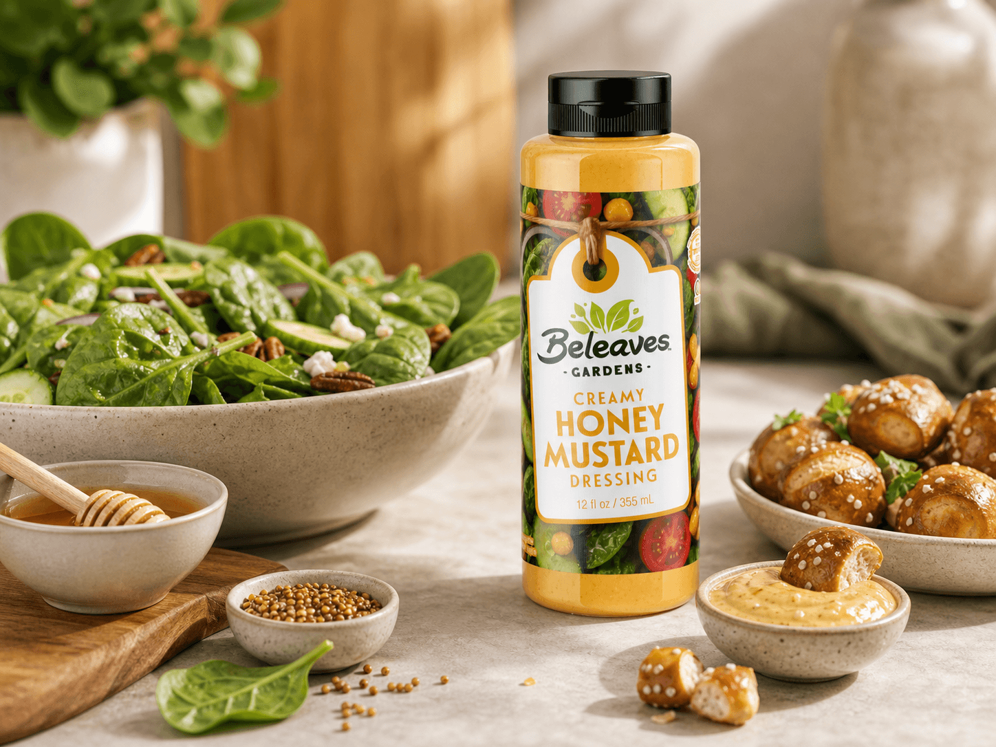 Creamy Honey Mustard with serving ideas and fresh ingredients