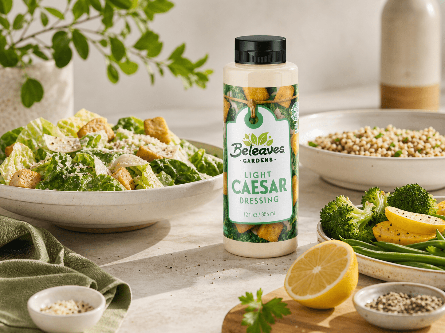 Light Caesar Dressing with serving ideas and fresh ingredients
