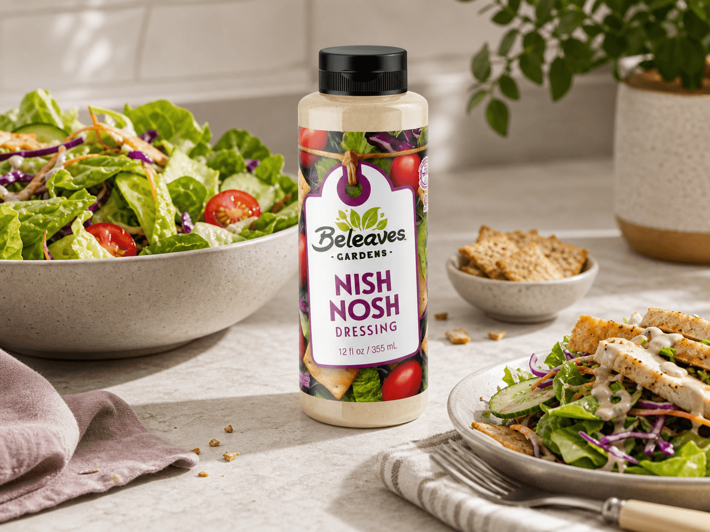 Nish Nosh Dressing with serving ideas and fresh ingredients