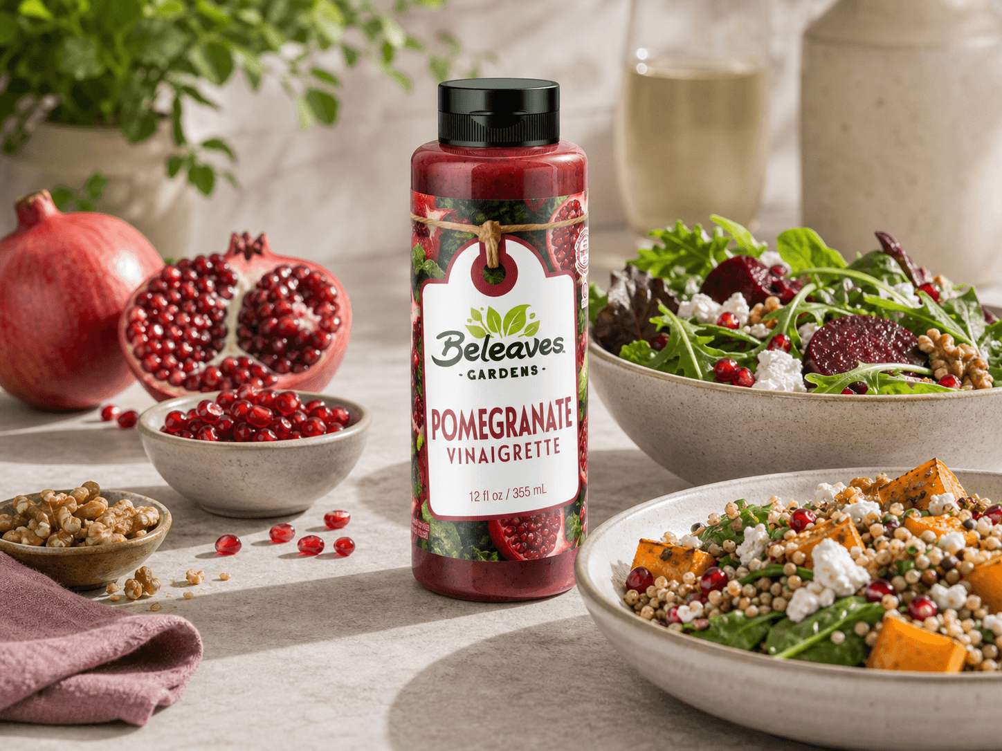 Pomegranate Vinaigrette with serving ideas and fresh ingredients