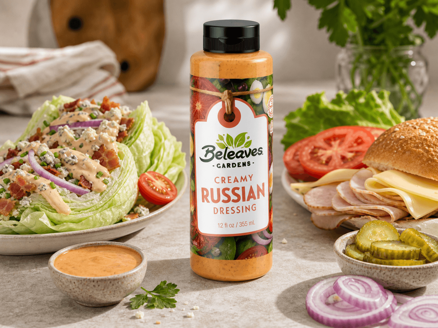 Creamy Russian Dressing with serving ideas and fresh ingredients