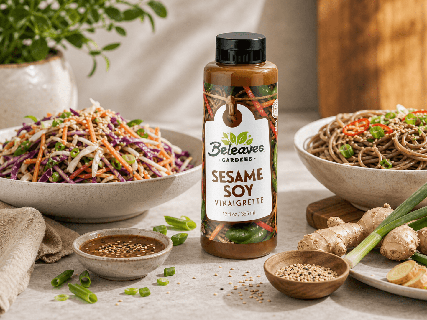 Sesame Soy Vinaigrette with serving ideas and fresh ingredients